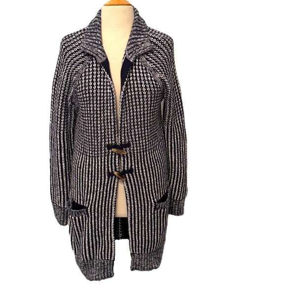 Gap Womens Large Striped Navy Nautical Long Cable Knit Cardigan Sweater Coat - Picture 1 of 10